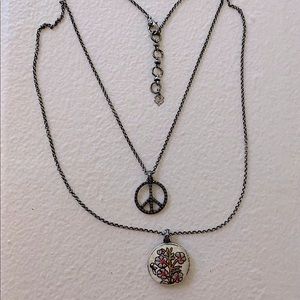 Vintage Lucky Brand Peace Symbol and Embroidered Flower Necklace